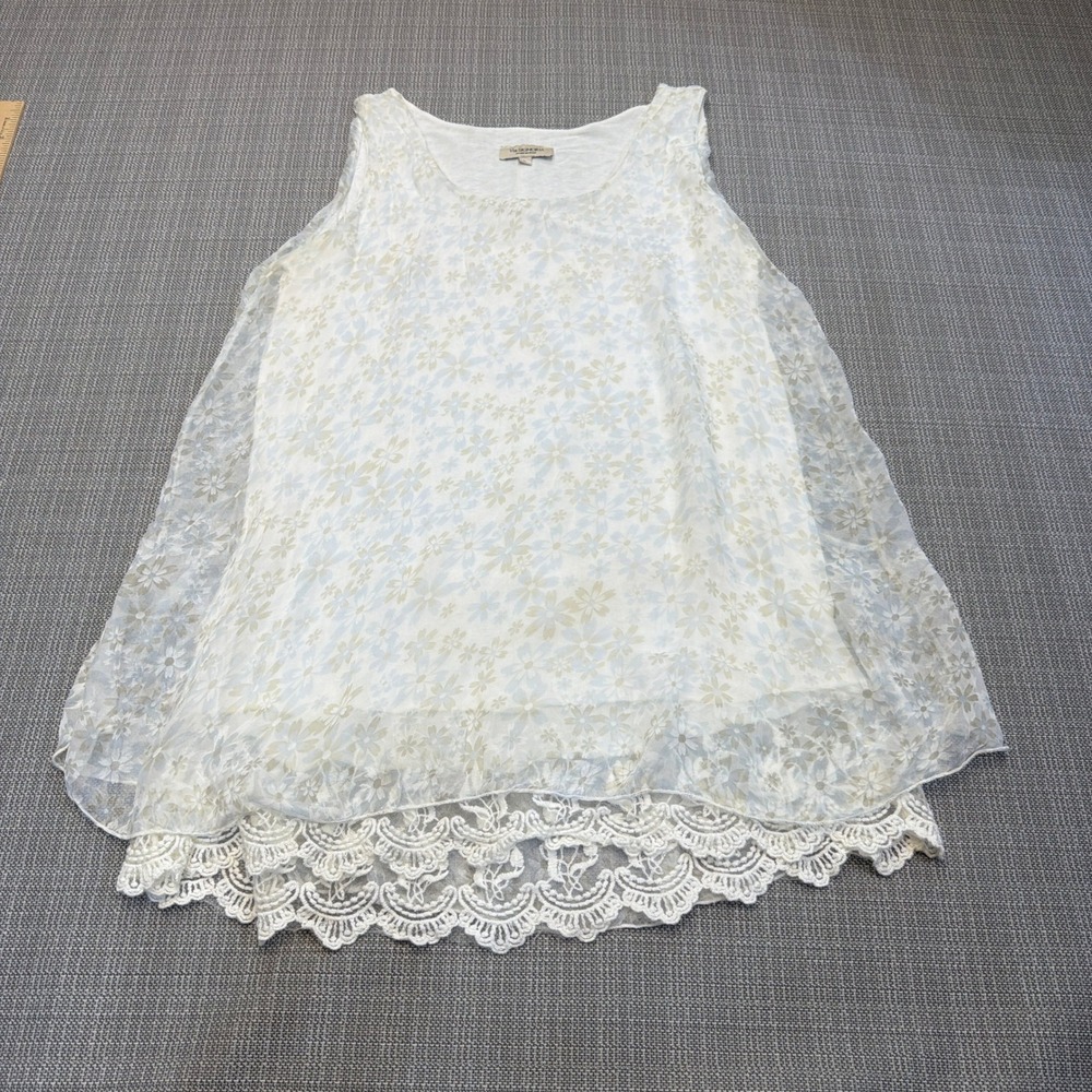 Floral Silk Tank Top Womens Large Lace Hem Sleeveless Via Signoria Italy Dainty